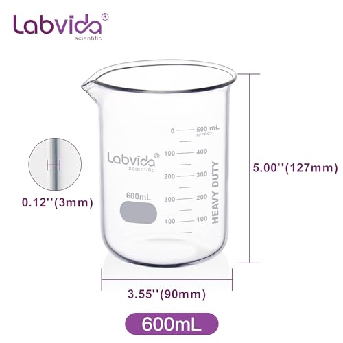 6pcs 600ml Upgrated Thick Glass Beakers, Griffin Low Form Beaker Set with Double Scale, 3.3 Boro, LVA030 - style: 6pcs of Vol.600ml