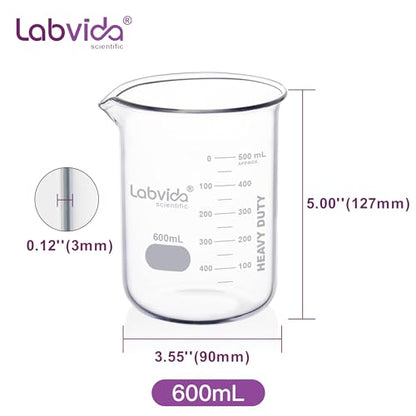 6pcs 600ml Upgrated Thick Glass Beakers, Griffin Low Form Beaker Set with Double Scale, 3.3 Boro, LVA030 - style: 6pcs of Vol.600ml