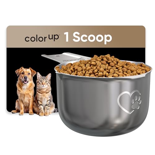 Color Up 1 Cup Pet Food Scoop – Stainless Steel Dog Food Scoop Cup (16 Tbsp) – Heavy-Duty, Rust-Resistant Measuring Scoop for Dogs, Cats, Birds & Rabbits – Ideal for Dry Food & Treats - size: 1 Scoop (1 Cup)