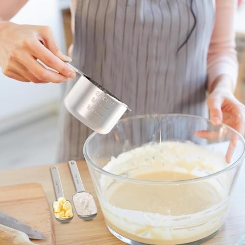 Stainless Steel Measuring Cups and Spoons Set, 6 Stainless Steel Measuring Cups, 7 Measuring Spoons & 1 Leveler, 3 Plastic Measuring Cup with 1 Measuring Conversion Chart - color: Sliver-Rectangle Measuring Spoons and Cups Set