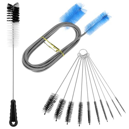 QWORK 12Pcs Tube Pipe Cleaner Kit, 15.75" Long Handle Brush, 5.25 Ft Flexible Dual-Head Cleaner & 10 Multi-Size Nylon Brushes for Narrow Neck Bottles, Curved Glass, Feeders