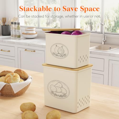 Lifewit Onion and Potato Storage Bin with Aerating Holes and Lid, Stackable Garlic Keeper, Plastic Vegetable Container Box for Kitchen, Beige, Set of 2 - color: Beige