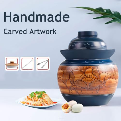 Traditional Chinese Porcelain Pickle Jar, Ceramic Fermenting Jar with Water Seal Airlock Lid, Turnip Kimchi Sauerkraut Fermentation Crock Pickling Pot - color: Bluea