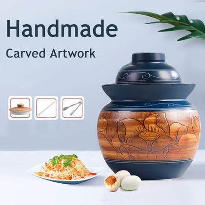 Traditional Chinese Porcelain Pickle Jar, Ceramic Fermenting Jar with Water Seal Airlock Lid, Turnip Kimchi Sauerkraut Fermentation Crock Pickling Pot - color: Bluea