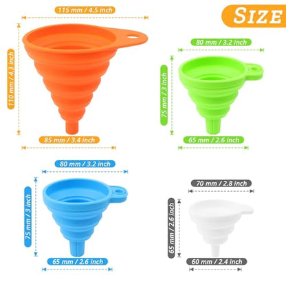 KUFUNG Kitchen Funnel Set 4 Pack - Food Grade Silicone Funnels for Kitchen Use, Filling Bottles - Small Funnel, Space-Saving Design - Easy to Clean and Store