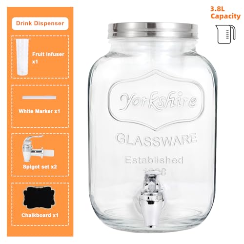 Drink Dispenser With Spigot,1 Gallon Glass Drink Dispensers For Parties,Beverage Dispenser with Fruit Infuser Sun Tea,Lemonade & Juice Dispenser for Parties, BBQ,Picnic,Weddings & Events - size: 1 Gallon Single
