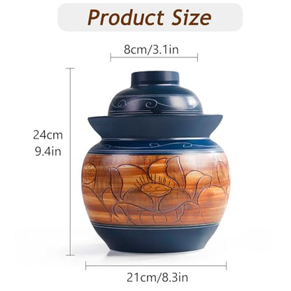 Traditional Chinese Porcelain Pickle Jar, Ceramic Fermenting Jar with Water Seal Airlock Lid, Turnip Kimchi Sauerkraut Fermentation Crock Pickling Pot(3.5kg, BlueA) - color: Bluea, size: 3.5kg