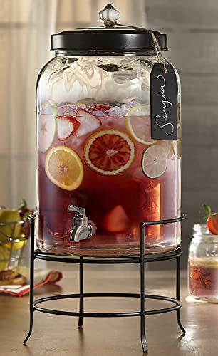 Style Setter Franklin 210235-GB 3 Gallon Glass Beverage Drink Dispensers with Metal Stand & Lid, Tag and Ceramic Knob, Clear, 20x11"