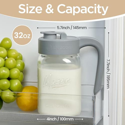 32 oz Glass Pitcher with Lid, 1 Quart Mason Jar Pitcher with Lid Airtight, Breast Milk Storage for Fridge, Ideal for Cold Brew Coffee, Iced Tea, Sun Tea, Juices - color: Gray