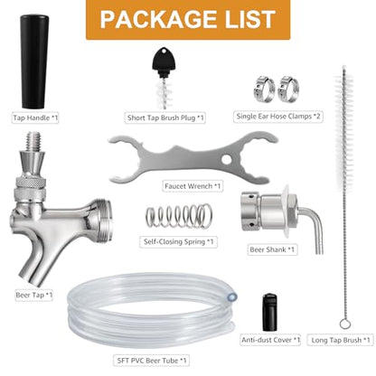 5FT PVC Beer Line & Stainless Beer Tower Faucet Beer Shank Kit, Self-Closing Beer Faucet Kegerator Tower Faucet Replacement Parts with 3/16'' ID Kegerator Line Beer Tap Cleaning Brush Cover Wrench Kit