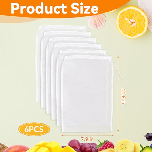 6 Pack Nut Bag Strainer 12 x 8 Inch Fine Mesh Cheese Cloth Reusable Nylon Cloth Bags for Straining 200-Mesh Strainer Bags with Drawstring for Fruit Juice, Yogurt, Coffee, Nut Milk