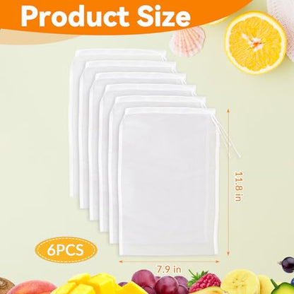 6 Pack Nut Bag Strainer 12 x 8 Inch Fine Mesh Cheese Cloth Reusable Nylon Cloth Bags for Straining 200-Mesh Strainer Bags with Drawstring for Fruit Juice, Yogurt, Coffee, Nut Milk