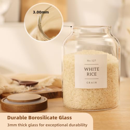 2 Pack Glass Food Storage Containers with Airtight Acacia Wood Lids and 132 Kitchen Pantey Labels Preprint - 43 LF OZ Borosilicate Glass Canister Sets for Food,Coffee,Cookie,Tea,Candy,Sugar - size: 45oz-2 Pack