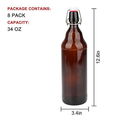 Glass Bottles, Refillable Brown Glass Storage Bottle with Swing Top Lids, Amber Iron Clasp Bottles with Stickers&Pen for Home Brewing, Drinks, Sauces, Industrial products, etc (1000ML, 8 PCS)