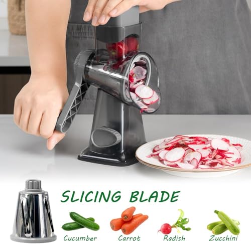 3 in 1 Manual Vegetable Cutter Machine with Stainless Steel Changeable Blades Rotary Cheese Grater Kitchen Tool Potato Slicer Shredder Nuts Chocolate Chopper (Transparent black)