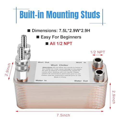 FERRODAY Wort Chiller, 30 Plate 1/2 NPT Plate wort Chiller, Stainless Steel Brazed Plate Heat Exchanger, 1/2 Thread Wort Cooler for Homebrew - 7.3" x 2.8" - size: 30-plate(1/2 npt)