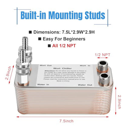 FERRODAY Wort Chiller, 30 Plate 1/2 NPT Plate wort Chiller, Stainless Steel Brazed Plate Heat Exchanger, 1/2 Thread Wort Cooler for Homebrew - 7.3" x 2.8" - size: 30-plate(1/2 npt)