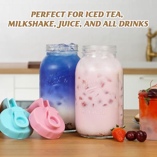 Soligt Glass Mason Jar Pitcher with Lid, Wide Mouth Flip Cap Pour Spout Leak-proof Lid with Handle, 64 oz (2 Quart / 1.9 Liter), for Iced Coffee/Sun Tea Juice/Cold Brew Coffee/Milk (1Pack, Baby Blue) - color: Baby Blue