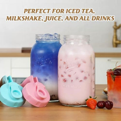 Soligt Glass Mason Jar Pitcher with Lid, Wide Mouth Flip Cap Pour Spout Leak-proof Lid with Handle, 64 oz (2 Quart / 1.9 Liter), for Iced Coffee/Sun Tea Juice/Cold Brew Coffee/Milk (1Pack, Baby Blue) - color: Baby Blue