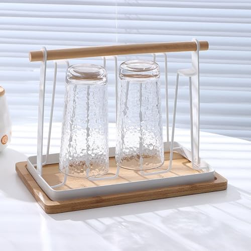 Cup Drying Rack, Bottle Drying Rack, Slanted Iron Coffee Mug Holder Stand, Countertop Glass Organizer, Removable Drain Tray Kitchen Tumbler Caddy, Counter Glass Tree - color: White