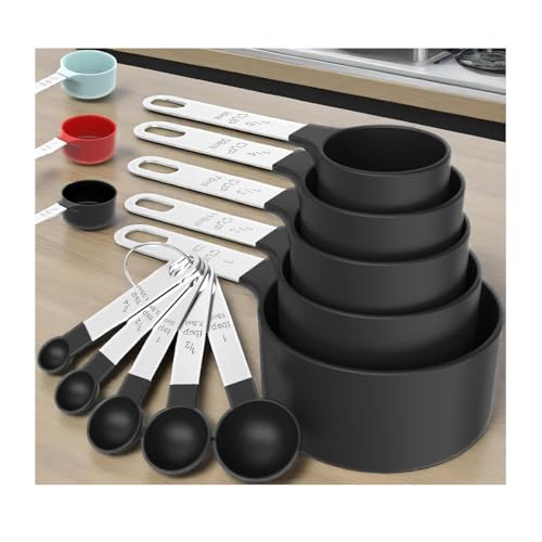 10Pcs Measuring Cups & Spoons Set, Stackable Cups and Spoons, Nesting Measure Cups with Stainless Steel Handle, Kitchen Gadgets for Cooking & Baking (Black) - color: Black