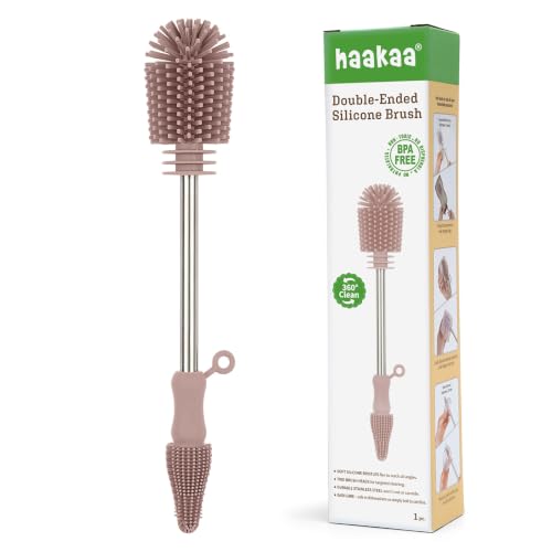 Haakaa Silicone Baby Bottle Brush, Double-Ended Cleaning Brush for Breast Pumps, Milk Collectors, Baby Bottles, Nipples and Breastmilk Storage Bags, Food-Grade Silicone, Pink, 1 Pack - color: Pink, size: 1 Piece Set