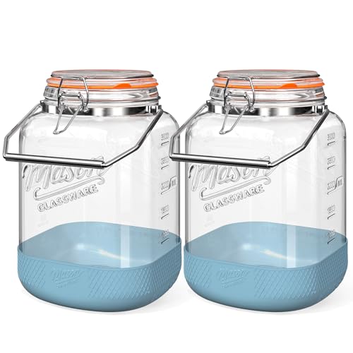 2 Pack Square 1 Gallon Glass Jar with Airtight Lid, Large Mason Jars Wide Mouth 128 Oz with Scale Marks & Handle, Glass Storage Containers with Anti-slip Base for Flour, Oat, Wheat, Cookie Jar