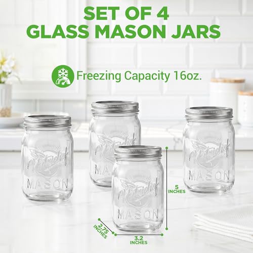 NutriChef 4-Pack 16 oz Mason Jars with Lids - Thick Glass Canning Jars with Stainless Steel Lids - Ideal for DIY Spices, Meal Prep, Overnight Oats, Jelly, Jam, Honey, Candles, Crafts, & More - style: 4 Pack