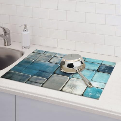 Kitchen Drying Mat for Countertop Modern Blue Geometric Tile Non-Slip Kitchen Counter Mat for Dishes Glassware - color: Blue Teal & Gray
