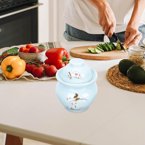 Ceramic Pickle Jar with Double Lid 3l Sauerkraut Storage Jar Traditional Sichuan Kimchi Sealed Crock for Kitchen Food Storage Blue Plum Blossom Pattern