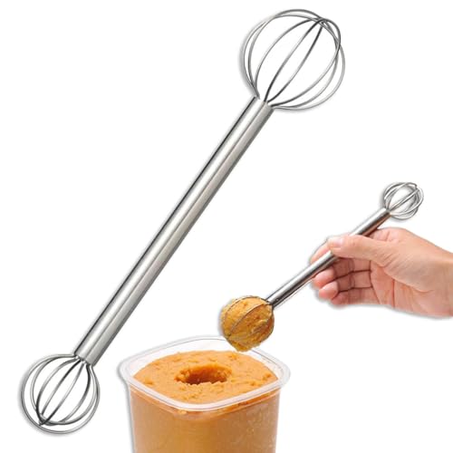 Miso Measuring Whisk, Made in Japan, 18-8 Stainless Steel Miso Muddler, Dual-Sided Measuring Spoon (1 & 2 Tablespoons), Small Whisk, Tsubame Sanjo Craftsmanship
