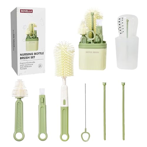 Baby Bottle Brush Set-Travel Bottle Cleaner Kit with Silicone Brush,Drying Rack,Nipple Brush,Straw Brush,Bottle Mouth Brush,Storage Box-6 in 1 Portable Bottle Washing Kit for Home and Travel