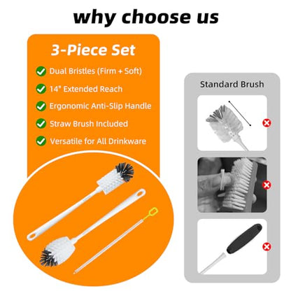 2 Pack 14 Inch Bottle Brush & 12 Inch Straw Brush Cleaner Set - Heavy Duty Kitchen Bottle Brushes for Cleaning Water Bottles, Baby Bottles, Mugs, Sippy Cups & Tumblers, Lab Use - size: with 6.4mm Straw Brush