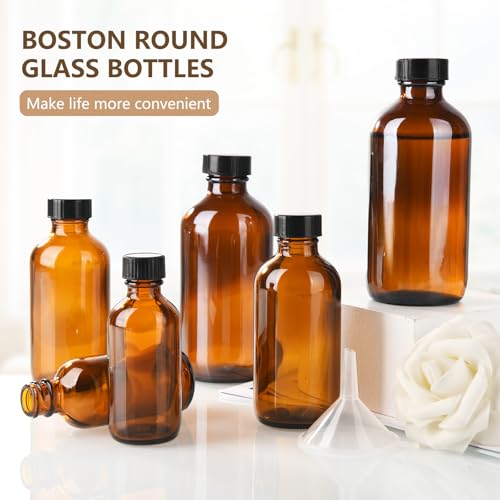 12 Pack 4oz Glass Boston Round Bottles, Amber Glass Bottles with Black Lids, Leak Proof, Handy Storage for Homemade Essential Oils, Vanilla Extract - size: 4oz 12Pack