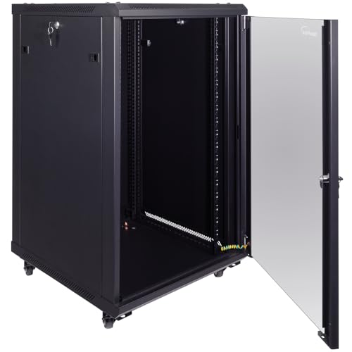 NavePoint 18U Server Cabinet Wall Mount Rack Enclosure with Caster Wheels, 2 Fans, Locking Glass Door, Removable Side Panels – 18U Network Cabinet 23.6” Deep, 19” Server Rack for IT Equipment - size: 18U - 600mm Depth