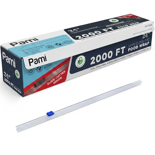 PAMI 24'' x 2000 FT PVC Cling Wrap, Heavy Duty Plastic Food Wrap with Slide Cutter, Clear Stretch Film, Strong Cling, Food Safe, for Commercial & Home Kitchen Use - size: 24'' x 2000 FT