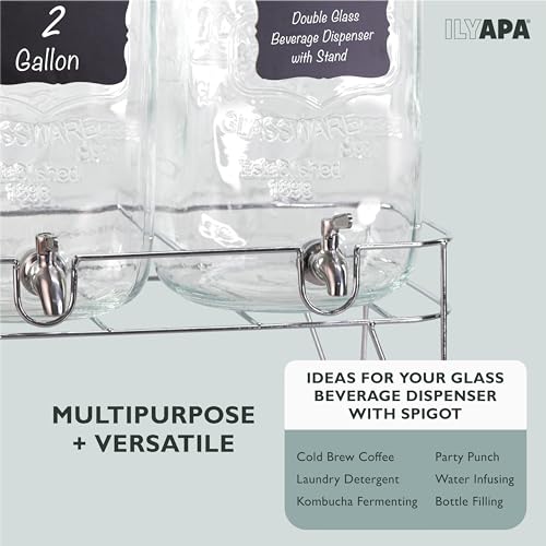 Ilyapa 2 Gallon Drink Dispenser, 2 Pack with Metal Base, Stainless Steel Spigot - Drink Dispensers for Parties, Beverages Such As Lemonade, Tea, Water - size: 2 Gallon Double Dispenser with Stand
