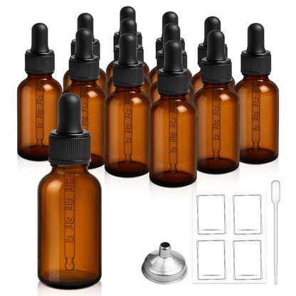 12 Pack, 1 oz Tincture Bottles with Dropper, Amber Glass Dropper Bottle Leakproof with Stainless Steel Funnel, Pipettes & Labels, 30 ml Eye Dropper Bottles For Essential Oils Serums Hair Body Oils - color: Amber