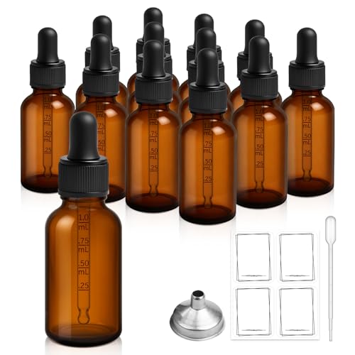 12 Pack, 1 oz Tincture Bottles with Dropper, Amber Glass Dropper Bottle Leakproof with Stainless Steel Funnel, Pipettes & Labels, 30 ml Eye Dropper Bottles For Essential Oils Serums Hair Body Oils - color: Amber