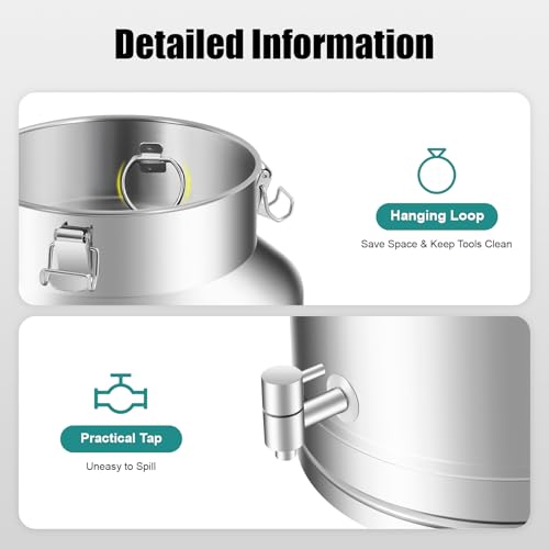 35L/9.3gal Milk Can with Spigot - 304 Stainless Steel Water Dispenser Food Storage Container for Liquid & Dry Goods, Wine Pail Bucket Metal Tote Jug for Kitchen, Farm - size: 35 liters (9.3 gallons)