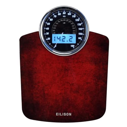 EILISON Highly Advance 2-in-1 Digital & Analog Weighing Scale for Body Weight-400lbs, 4 High Precison GX Sensor Accurate, Thick Tempered Glass, Extra Large Display (Red) - color: Red