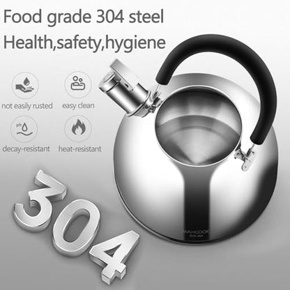 304 Stainless Steel Whistling Tea Kettle 3.17 Quart/3L Tea Pot, Suitable to Boiling Water & Tea on Induction Stove, Gas Stove Top - color: Silver, size: 3.4 Quarts