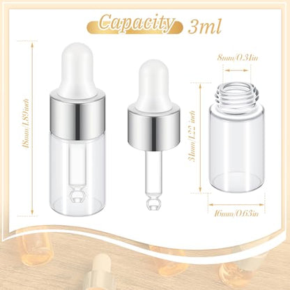 Didaey 200 Pcs 1/2/3/5/10/15 ml Mini Glass Oil Dropper Bottle Bulk, Clear Essential Small Empty Bottles Sample Containers Perfume Liquid Vials with Cap for Traveling (3 ml,Classic Silver) - color: Classic Silver, size: 3 ml