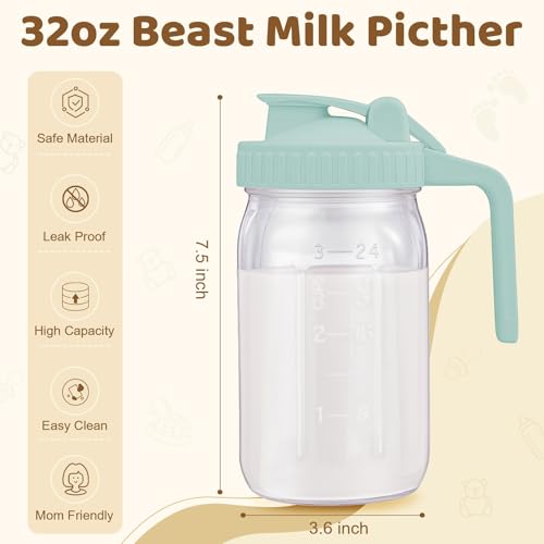 AoeJarry Breast Milk Pitcher with Leak Proof Flip Cap & Pour Spout, 32 oz Wide Mouth Mason Jars for Breast Milk Storage Container, Glass Picther with Lid for Cold Brew Coffee, Sun Tea, Juices, Purple - color: Purple