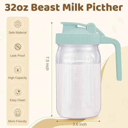 AoeJarry Breast Milk Pitcher with Leak Proof Flip Cap & Pour Spout, 32 oz Wide Mouth Mason Jars for Breast Milk Storage Container, Glass Picther with Lid for Cold Brew Coffee, Sun Tea, Juices, Blue - color: Blue