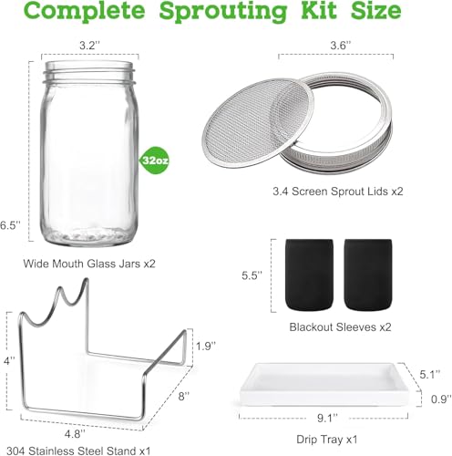 Organic Seed Sprouting Jar Kit – 2 × 32 oz Wide-Mouth Mason Jars with Stainless-Steel Sprouter Lids & Stand, Blackout Sleeves, Drain Tray – Grow Broccoli, Alfalfa & Bean Microgreens - color: Stainless Steel