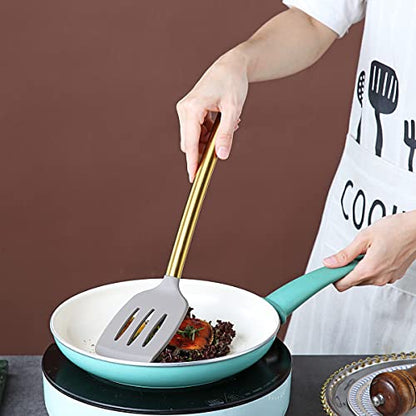Berglander Non-stick Silicone Slotted Turner with Titanium Gold Plated Handle for Cooking, Dishwasher Safe, Easy to Clean - style: e. Slotted Turner