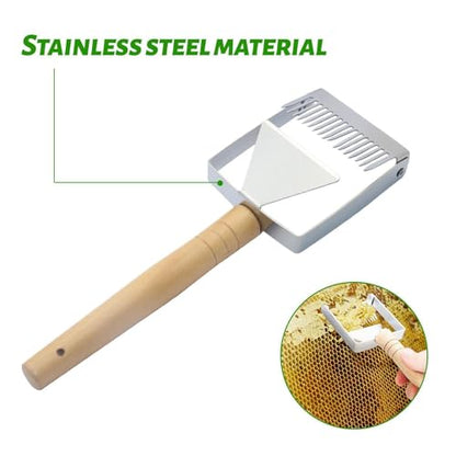 Stainless Steel Honey Fork, Wooden Handle Uncapping Fork Tool, Adjustable Pins Scraper with, Metal Beekeeping Forks, Apiary Tool Forks with Classic Design, Honey Extraction for Frames