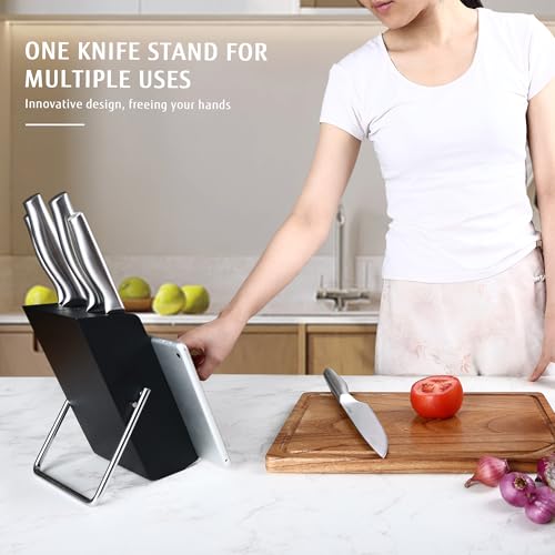 hecef 6-Piece High Carbon Stainless Steel Knife Set with Tablet & Recipe Holder, Hands-Free Adjustable Stand, Ergonomic Hollow Handles, Gift-Ready Block, Silver - style: 6 PCS