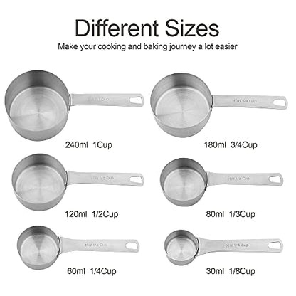 Measuring Cups and Spoons Set 15, Metric & US 18/8 Stainless Steel Measuring Cups and Spoons Set for Baking & Kitchen, 6 Measure Cups & 7 Spoons Leveler & Measure Equivalents for Dry&Liquid - size: Set of 15